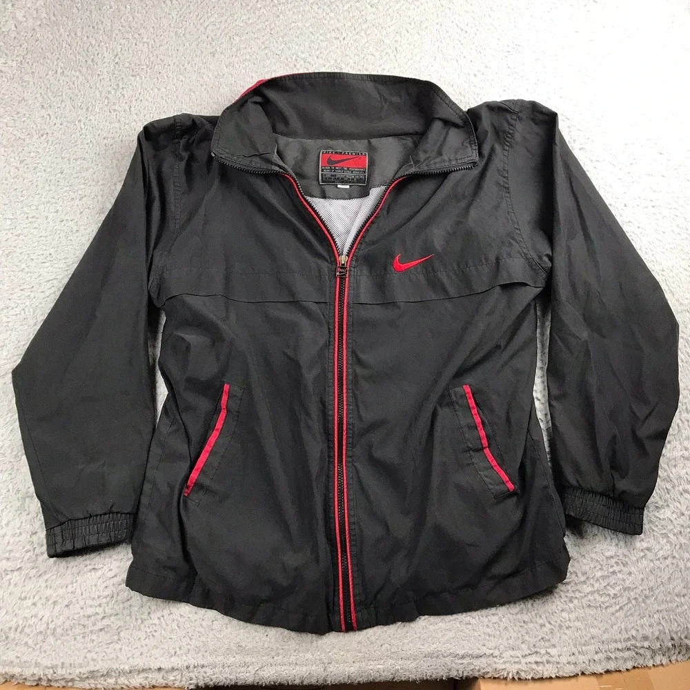 Vtg 90s Nike Premier Windbreaker Track Jacket Mens L‎ Black/Red Swoosh Logo